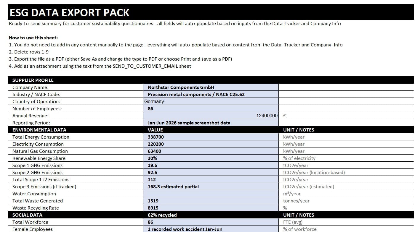 Excel Toolkit export pack with a buyer-facing ESG response summary