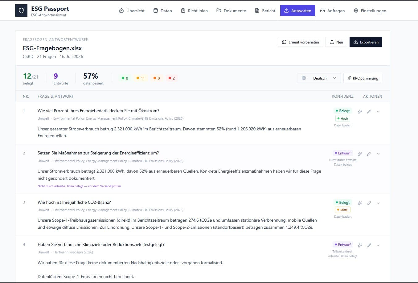 ESG Passport – deutsche Antwortentwürfe zu einem CSRD-Fragebogen mit Konfidenz- und Datennachweisen