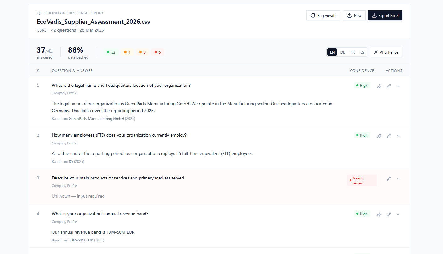 ESG Passport – Antwortbereich mit zugeordneten Fragebogen-Antworten und Export