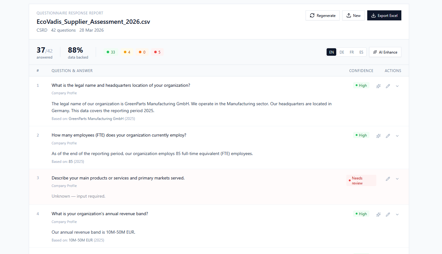 ESG Passport response generator with matched answers