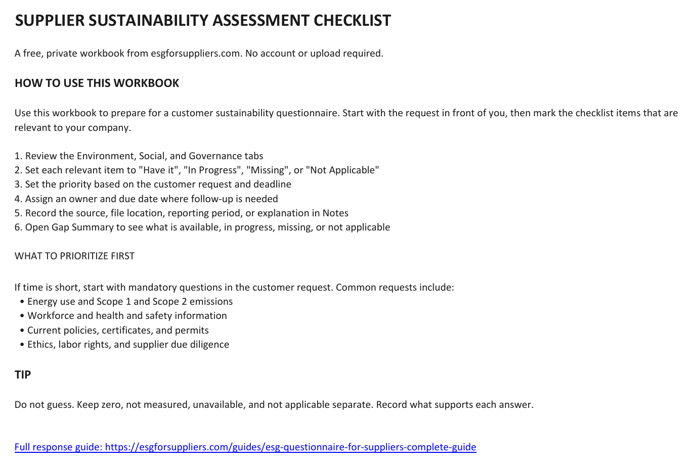 Instructions in the Supplier Sustainability Assessment Checklist